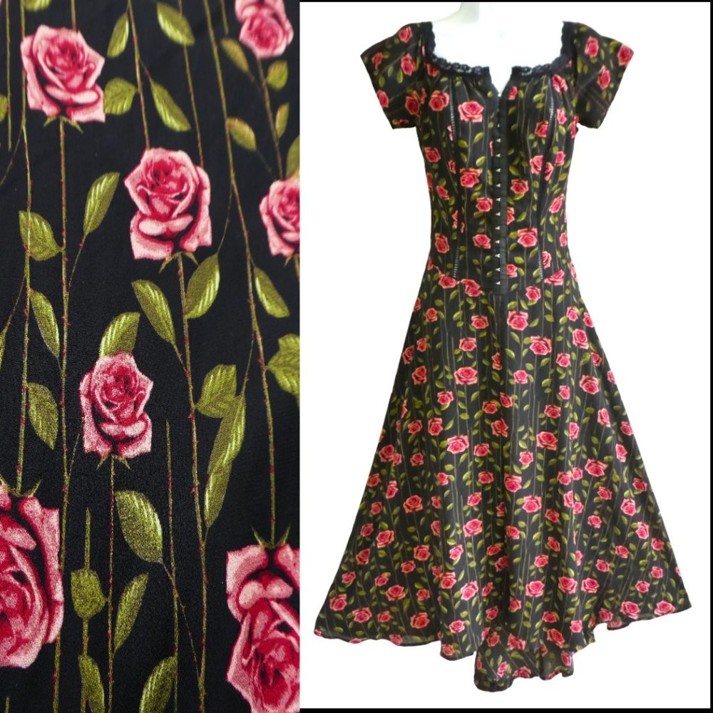 Disney Vintage 90s Beauty and the Beast Maxi Dress Sz M Pink Floral Roses Corset